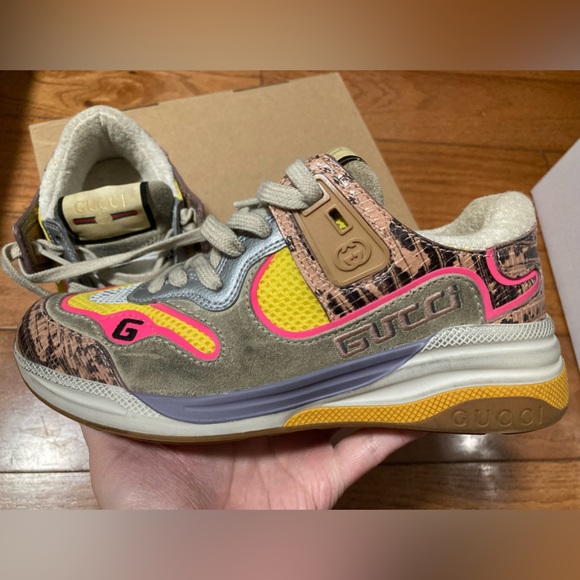 Gucci Ultrapace Sneakers Pink Multi Leather Metallic Reptile Snake Print Sz 34.5 - Picture 5 of 11